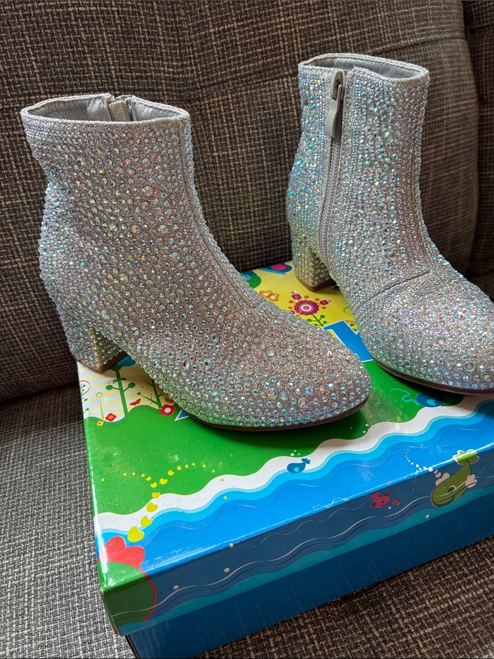 Kids Silver Crystal Embellished Ankle Boots